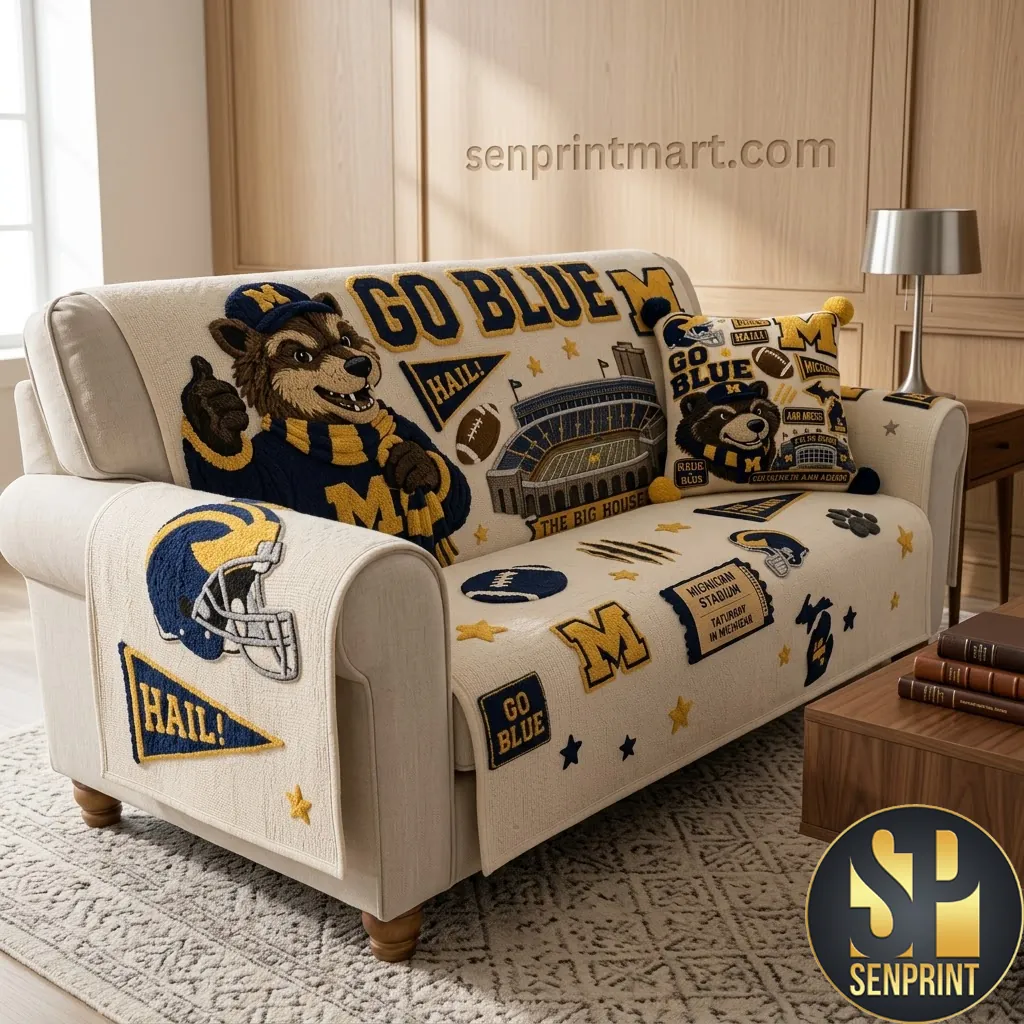 Michigan Wolverines Go Blue Stadium Tufted Sofa Cover and Pillow Set
