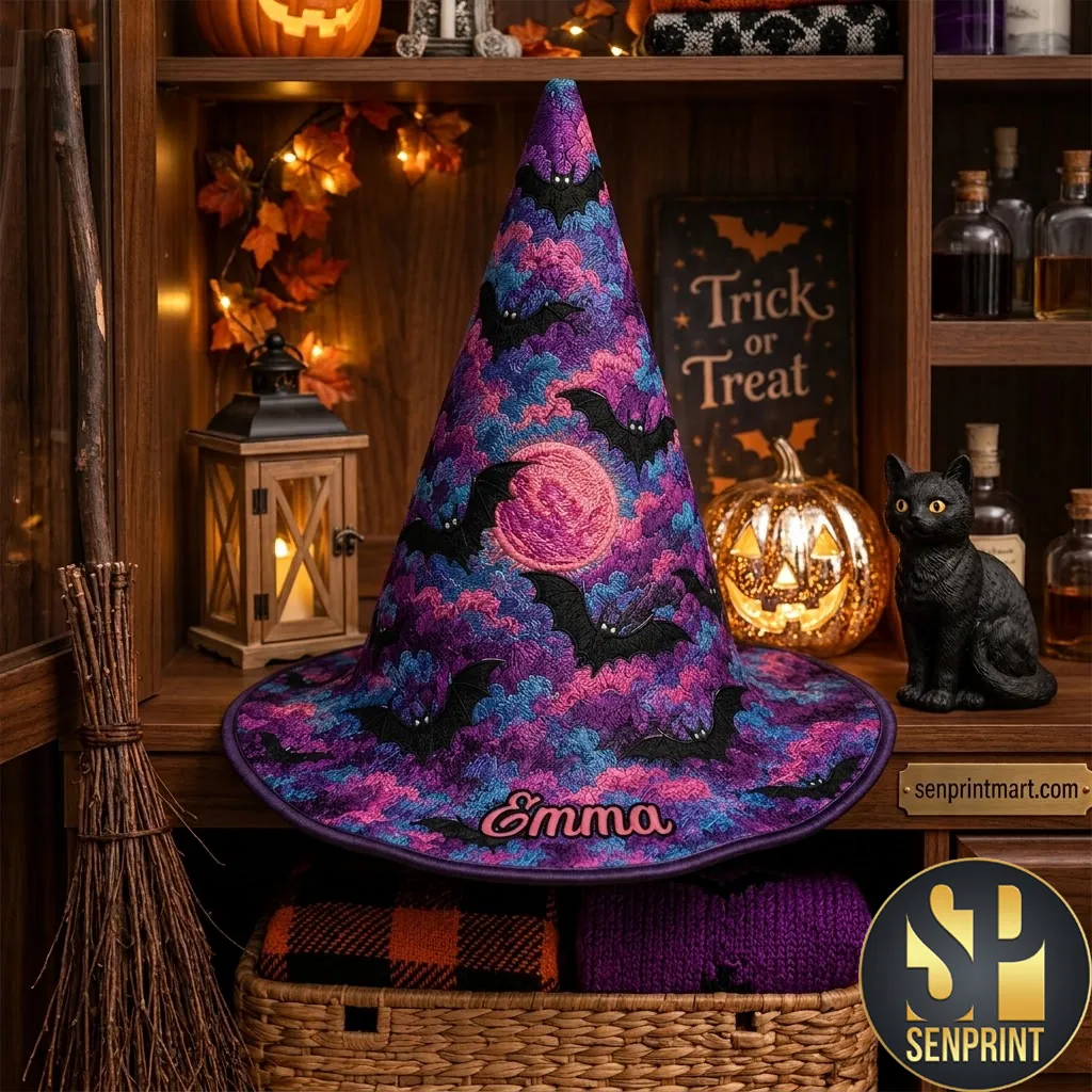 Personalized Bat Pattern Halloween Witch Hat