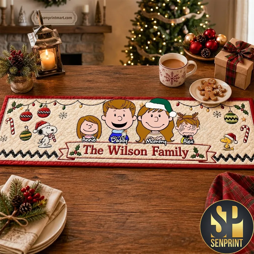 Personalized Peanuts Family Christmas Holiday Dining Table Runner