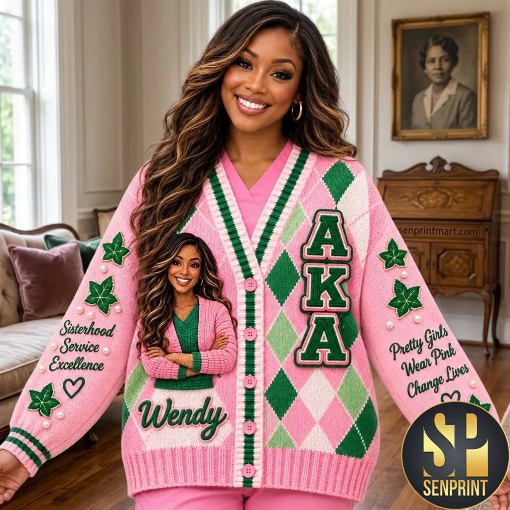 AKA Sorority Personalized Sisterhood Argyle Button-Front Cardigan