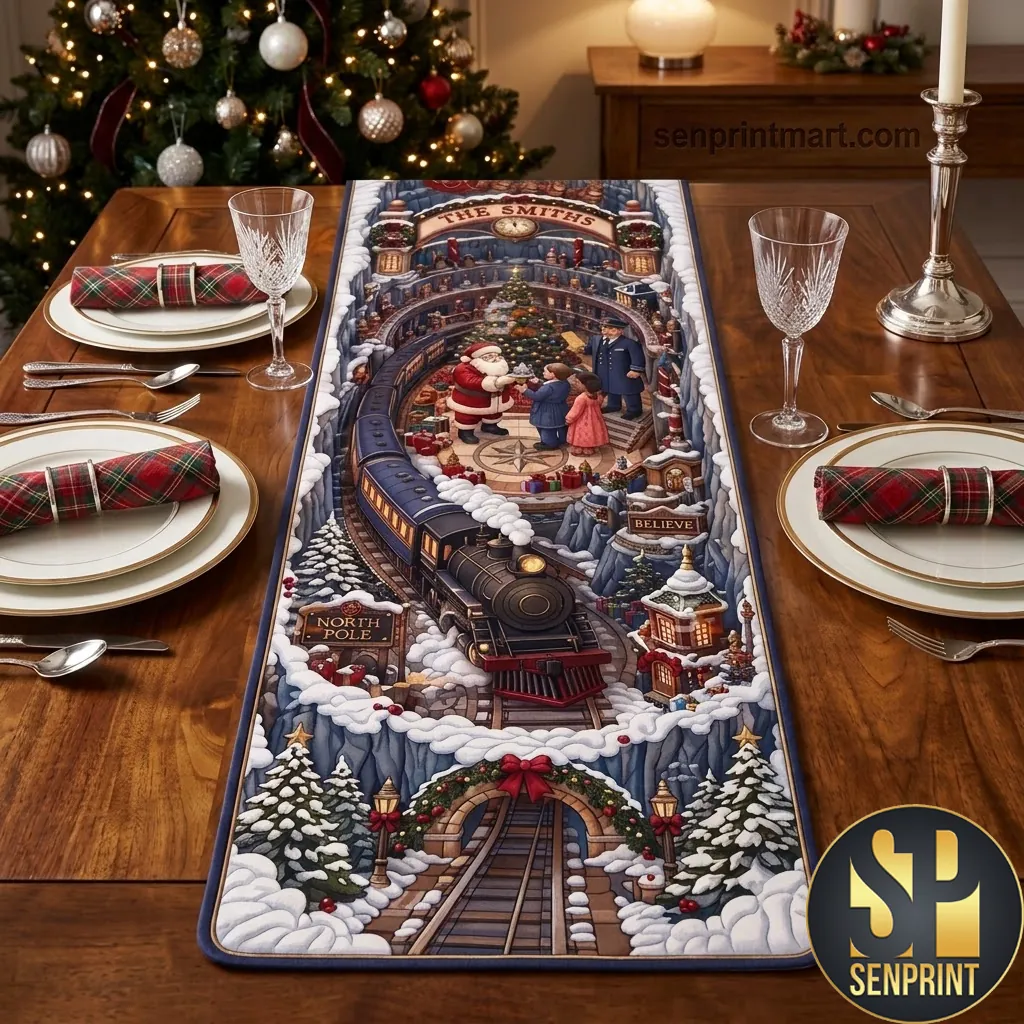 Personalized North Pole Christmas Train Quilted Table Runner