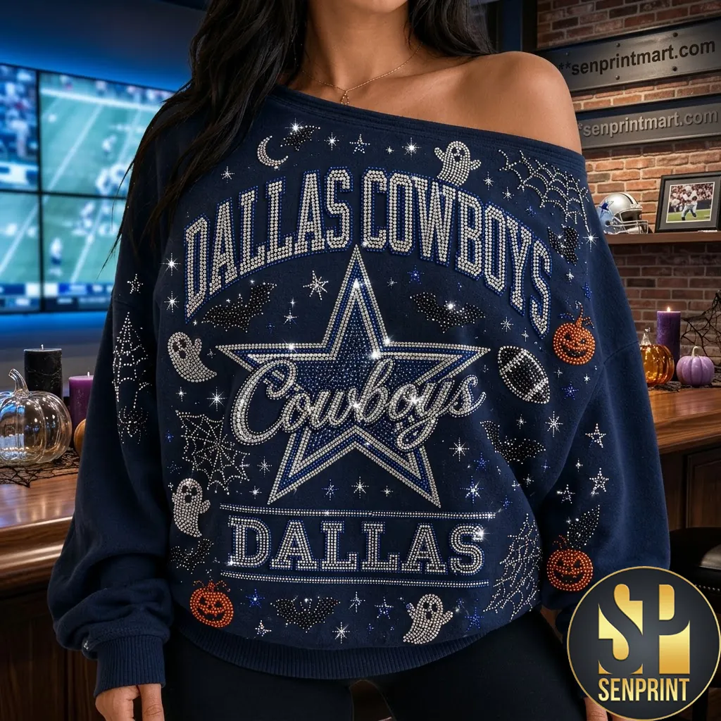 Dallas Cowboys Rhinestone Halloween Graphic Off Shoulder Sweatshirt