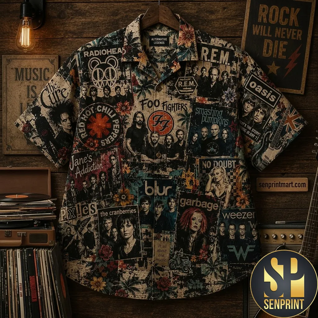 Alternative Rock Band Collage Vintage Print Hawaiian Shirt