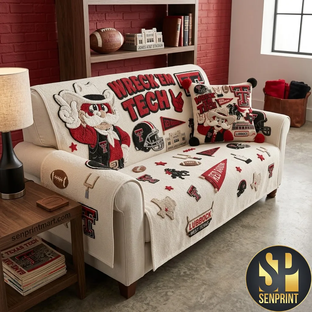 Texas Tech Red Raiders Wreck Em Tech Tufted Sofa Cover and Pillow Set