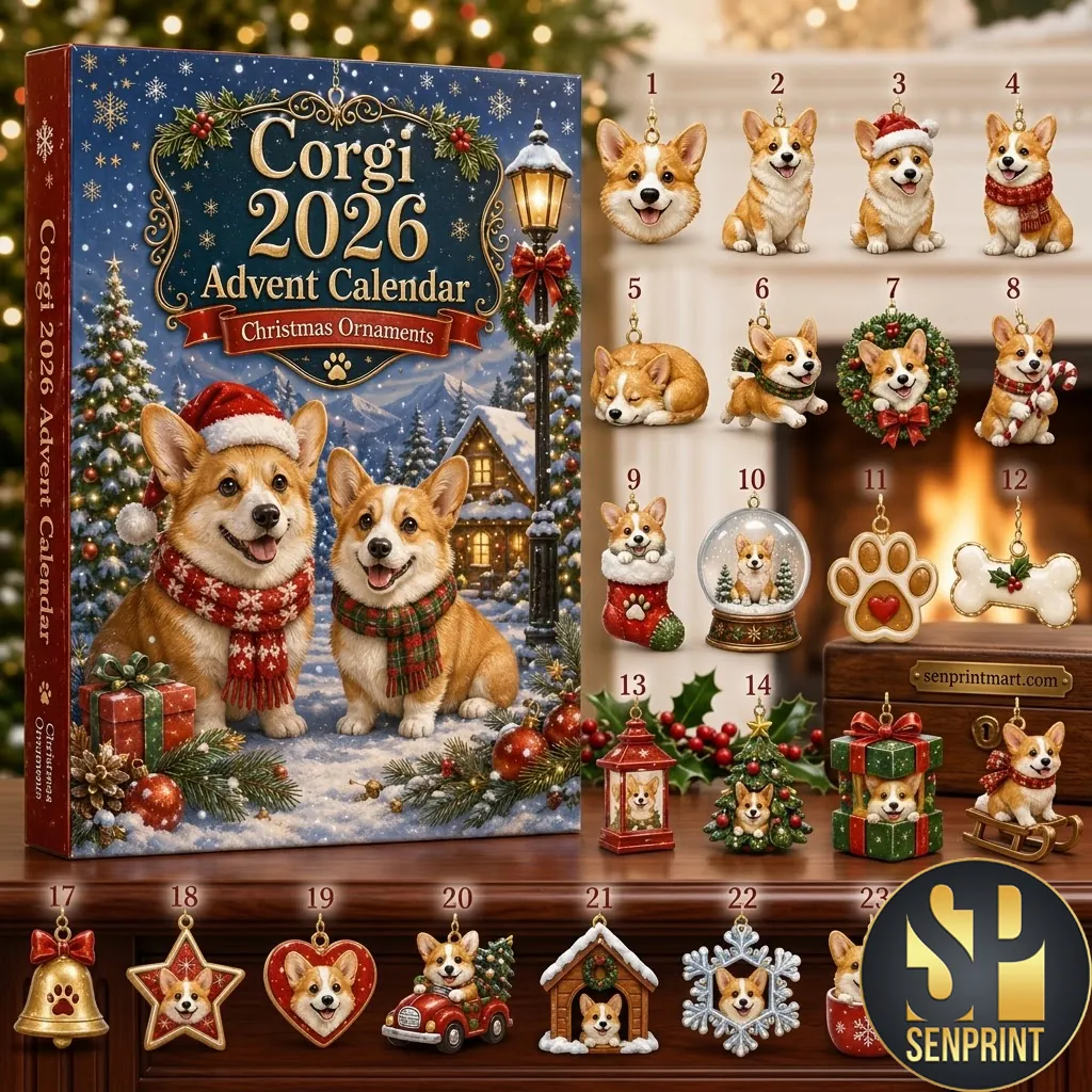 Corgi 2026 Christmas Holiday Advent Calendar Ornaments Set