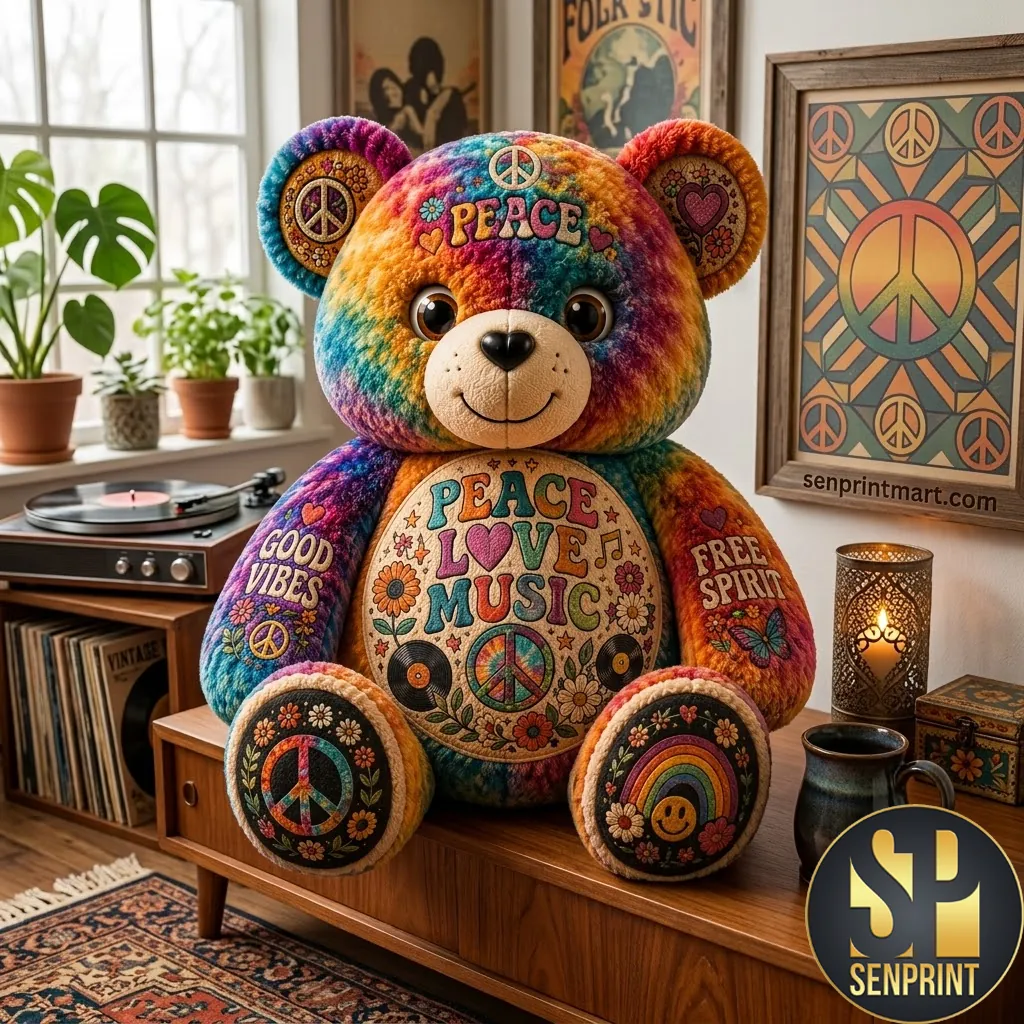 Peace Love Music Tie Dye Hippie Bear Custom Shaped Pillow