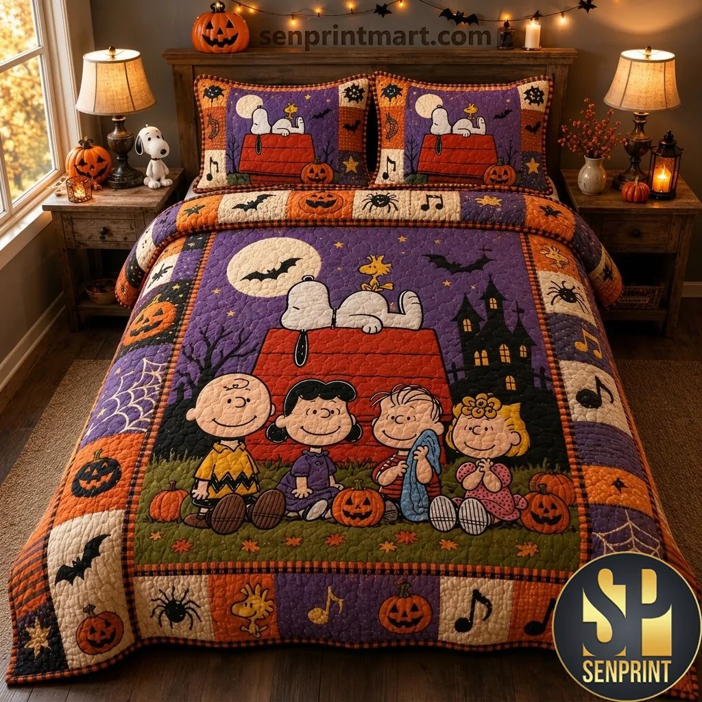 Snoopy and Friends Halloween Pumpkin Patch Quilt Bedding Set