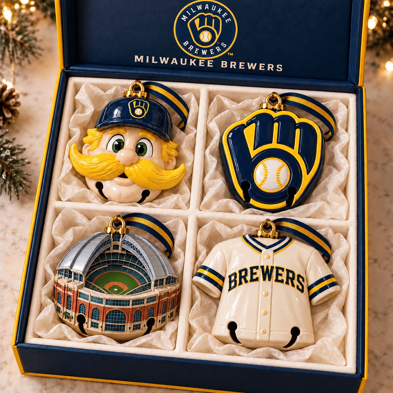 Milwaukee Brewers MLB Baseball 4 Piece Premium 3D Holiday Christmas Bell Ornament Set