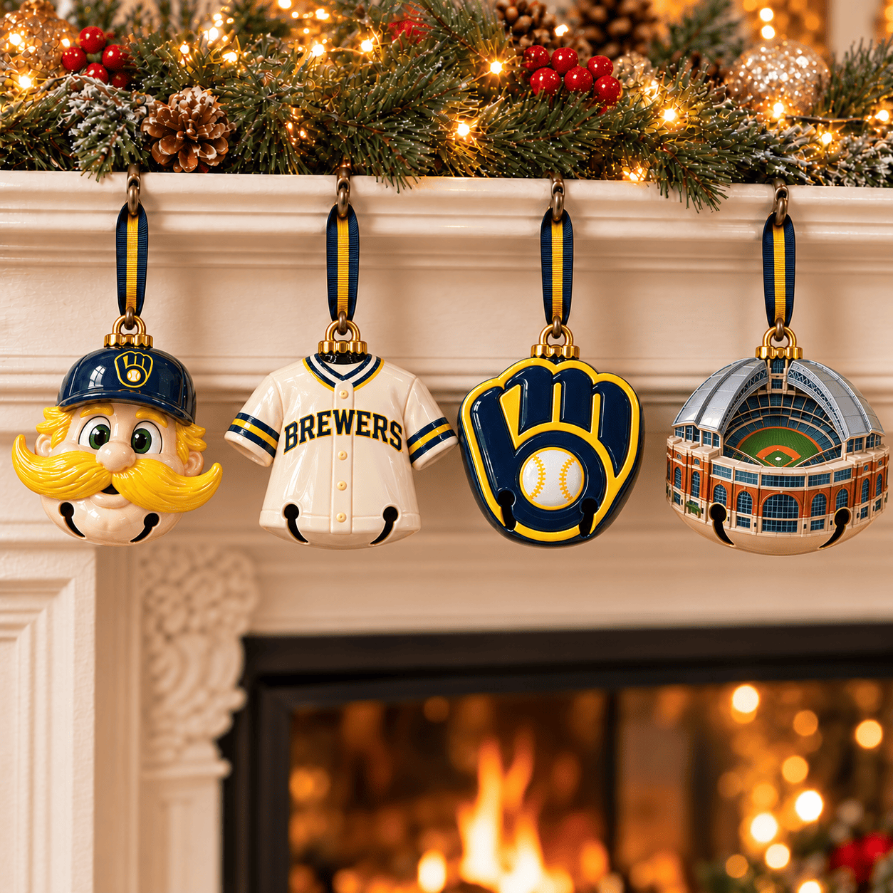 Milwaukee Brewers MLB Baseball 4 Piece Premium 3D Holiday Christmas Bell Ornament Set Milwaukee Brewers MLB Baseball 4 Piece Premium 3D Holiday Christmas Bell Ornament Set