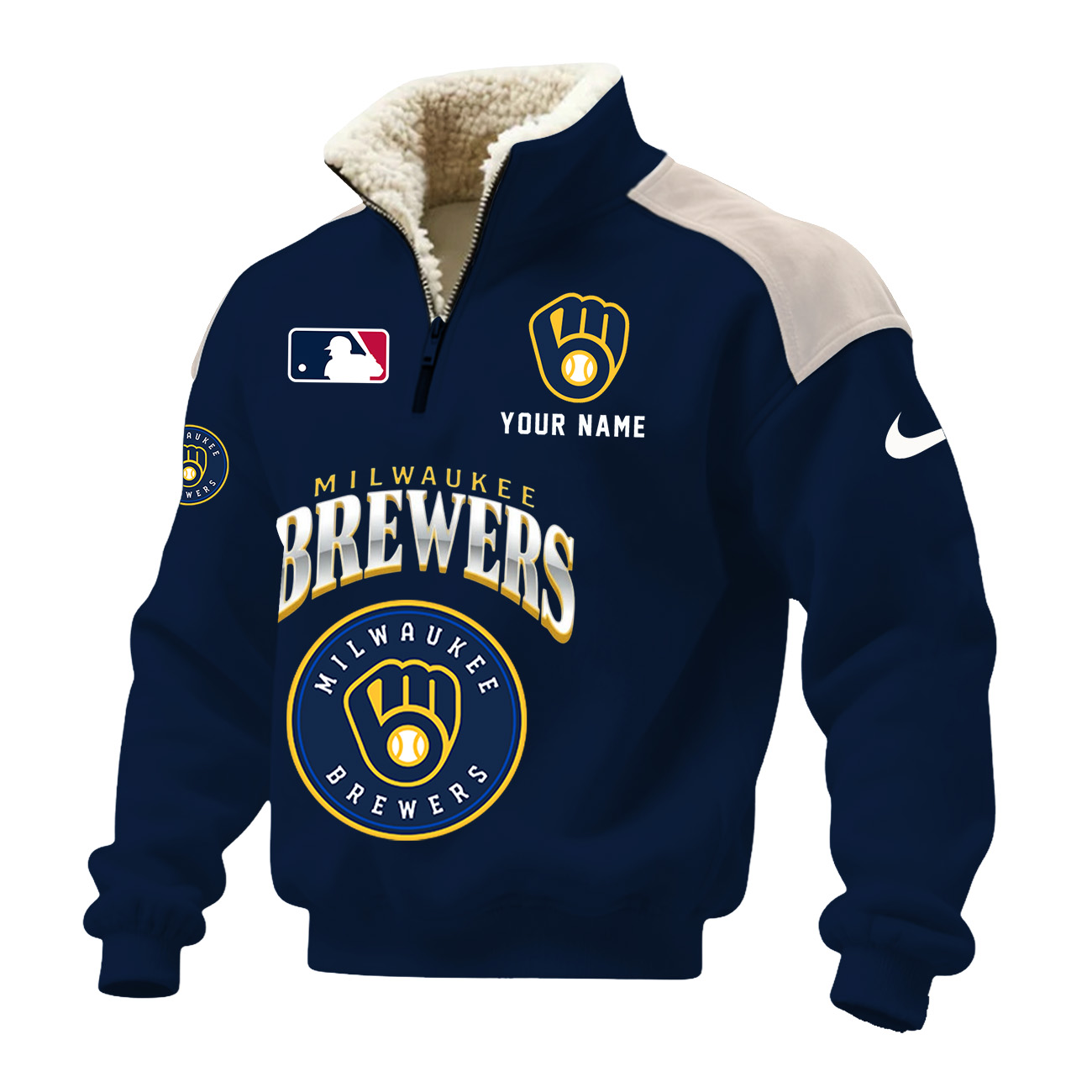 Milwaukee Brewers Custom Name Navy Blue Sherpa Lined Quarter Zip Fleece Sweater