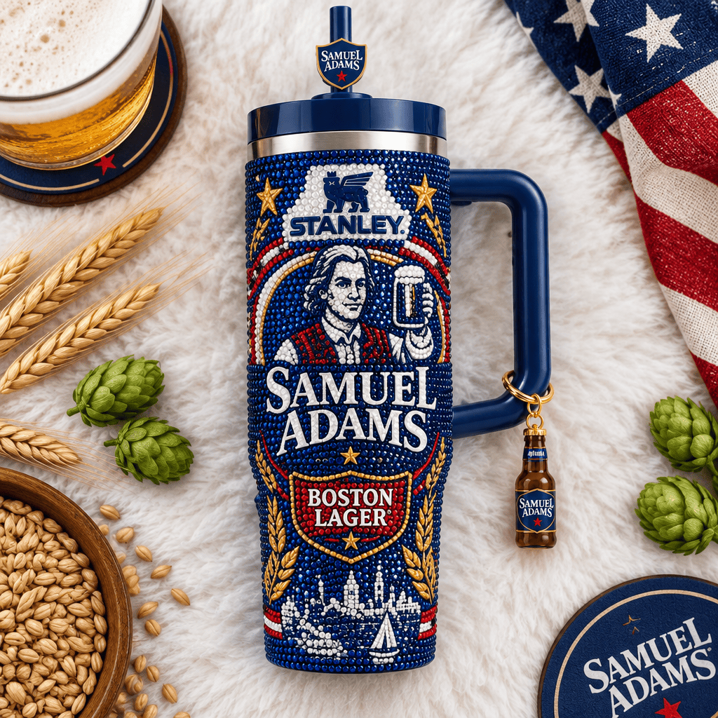 Samuel Adams Boston Lager Bling Rhinestone Bedazzled 40oz Insulated Stainless Steel Travel Tumbler with Handle Samuel Adams Boston Lager Bling Rhinestone Bedazzled 40oz Insulated Stainless Steel Travel Tumbler with Handle