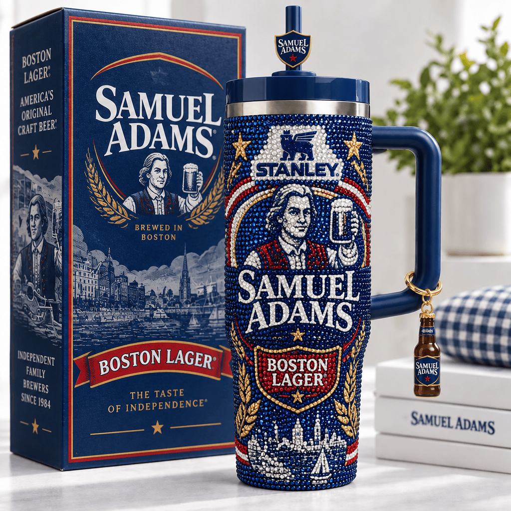 Samuel Adams Boston Lager Bling Rhinestone Bedazzled 40oz Insulated Stainless Steel Travel Tumbler with Handle