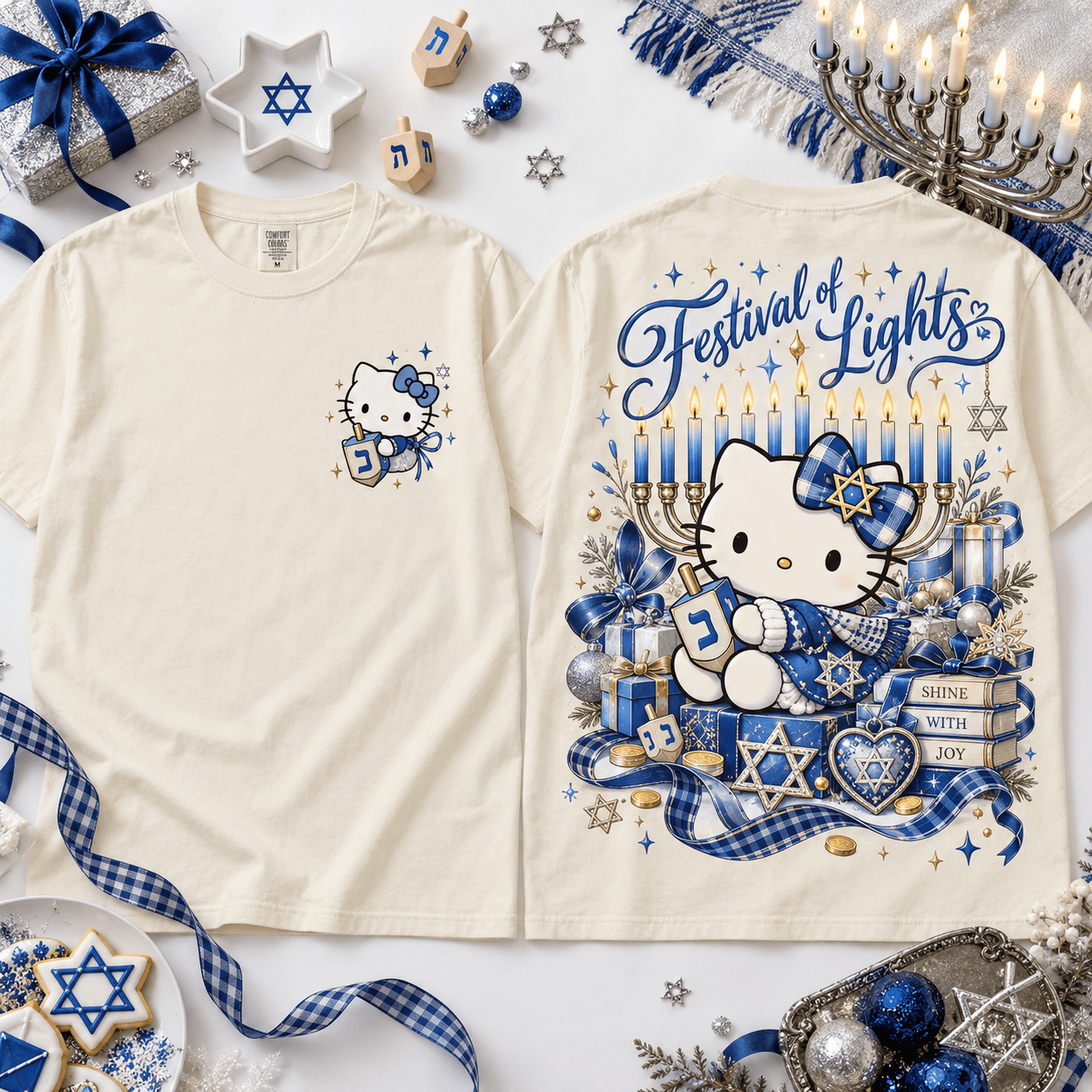Hello Kitty Hanukkah Festival Of Lights Cute Jewish Holiday Graphic T-Shirt