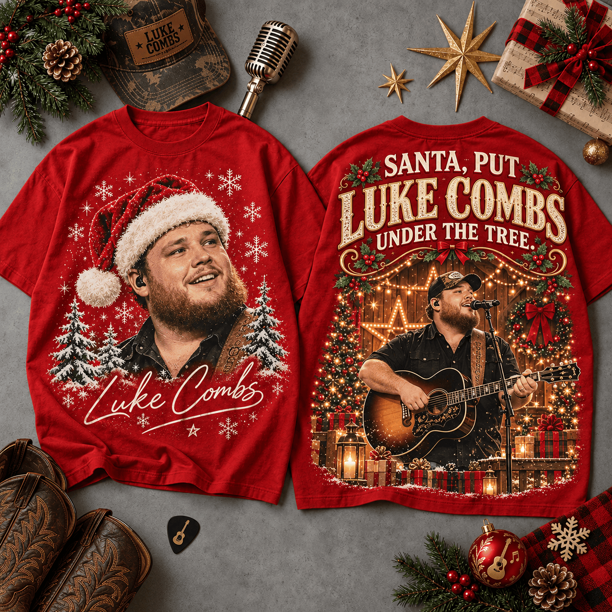 Luke Combs Santa Portrait Country Music Christmas Holiday Gift All-Over Print T-Shirt