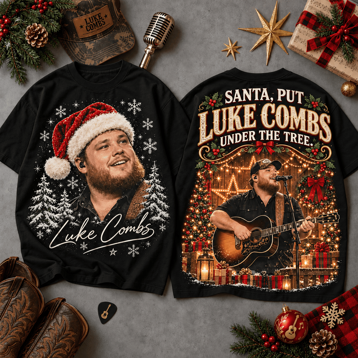 Luke Combs Santa Portrait Country Music Christmas Holiday Gift All-Over Print T-Shirt Luke Combs Santa Portrait Country Music Christmas Holiday Gift All-Over Print T-Shirt