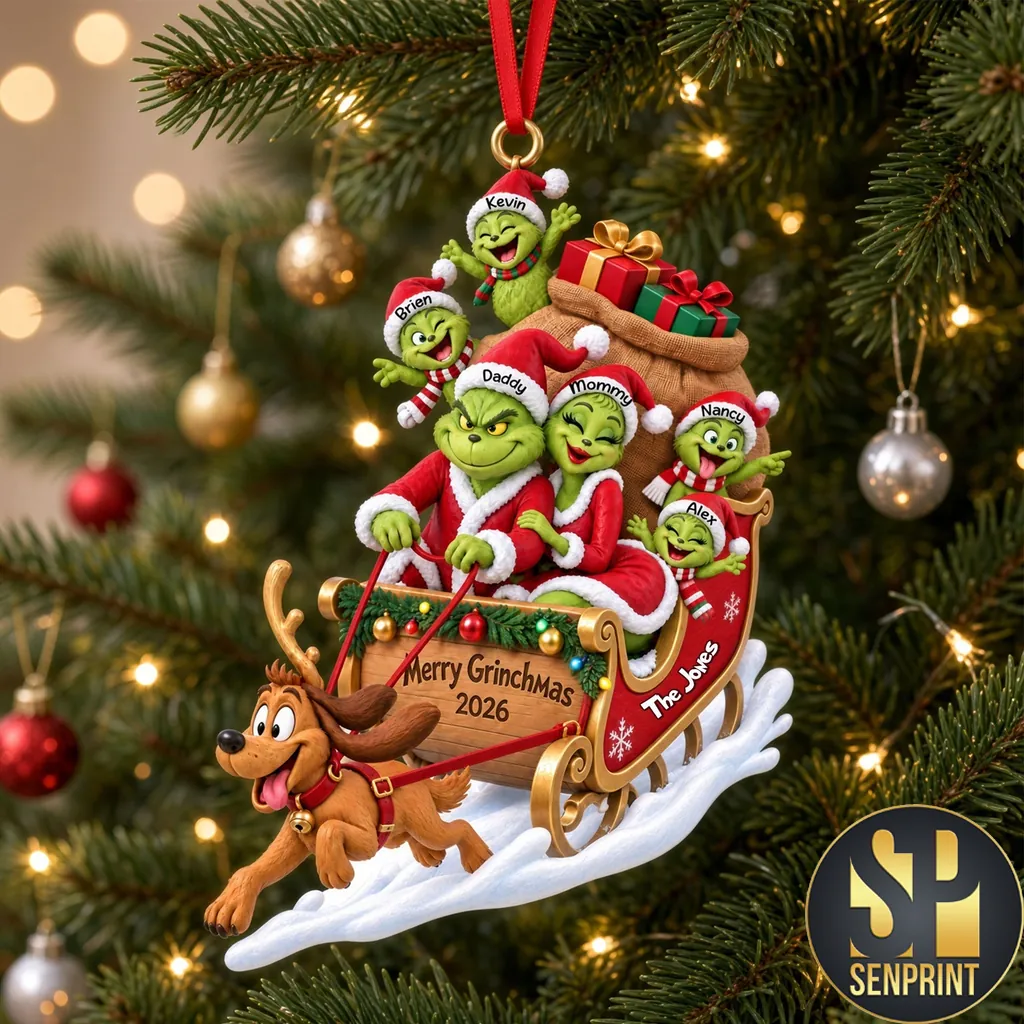 Personalized Grinch Family Sleigh Christmas Tree Ornament