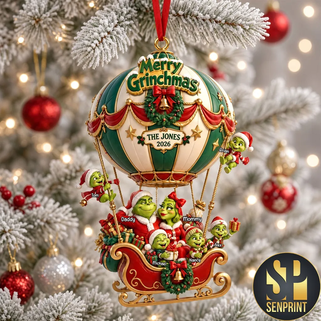 Personalized Merry Grinchmas Hot Air Balloon Family Christmas Ornament