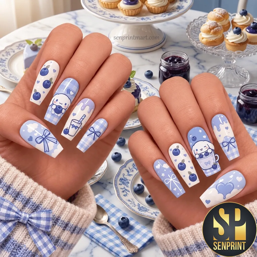 Blue Gingham Blueberry Theme Kawaii Press On Nails