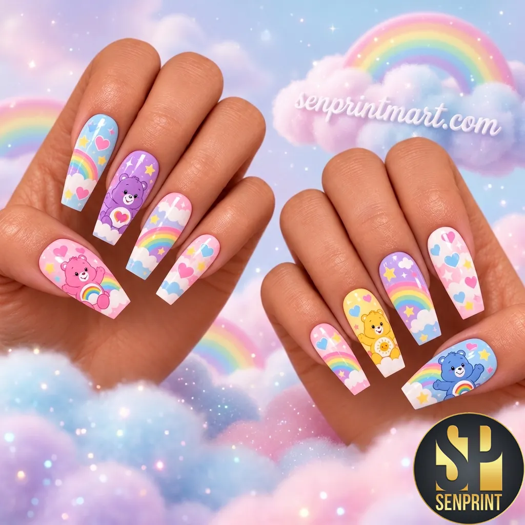 Care Bears Rainbow Clouds Theme Long Coffin Press On Nails