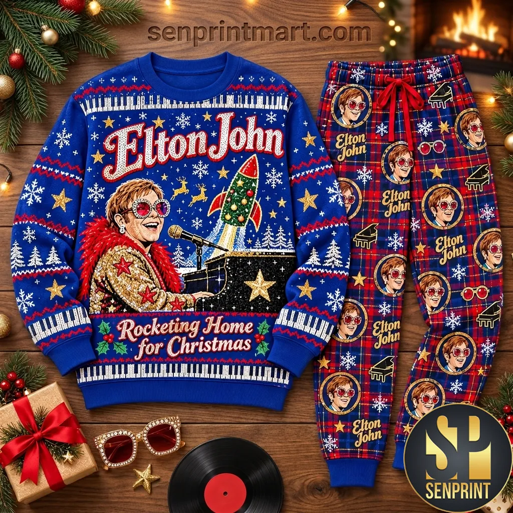 Elton John Rocketing Home Christmas Music Fan Pajama Set
