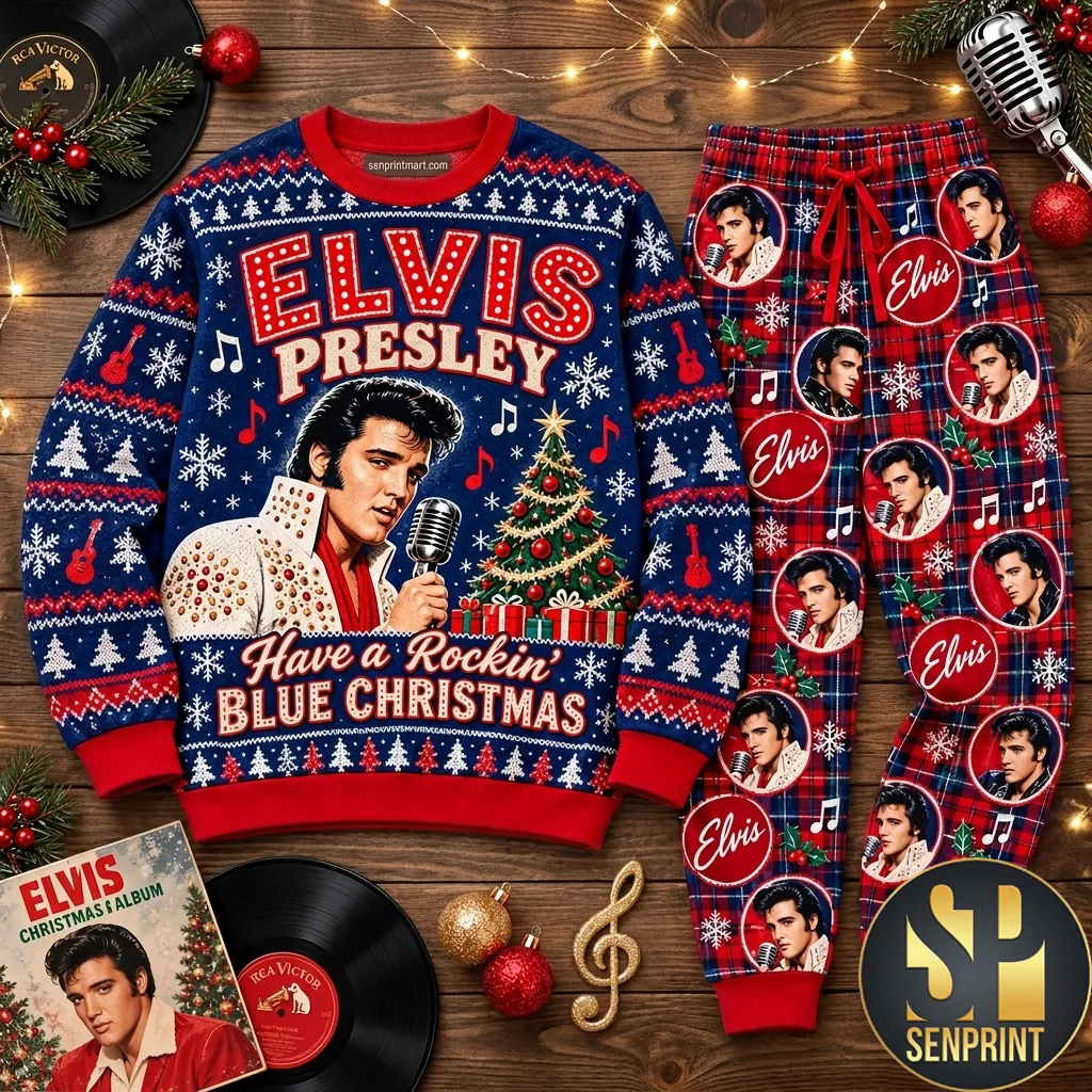 Elvis Presley Rockin Blue Christmas Holiday Pajama Set