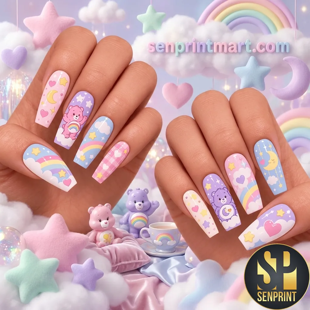 Care Bears Pastel Rainbow Cloud Theme Press On Nails