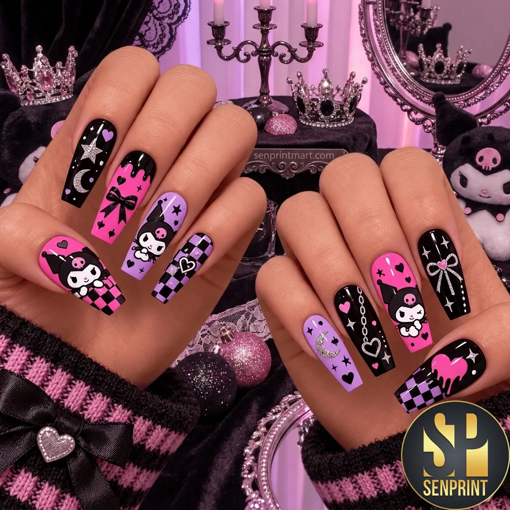 Kuromi Aesthetic Pink and Black Gothic Coffin Press On Nails