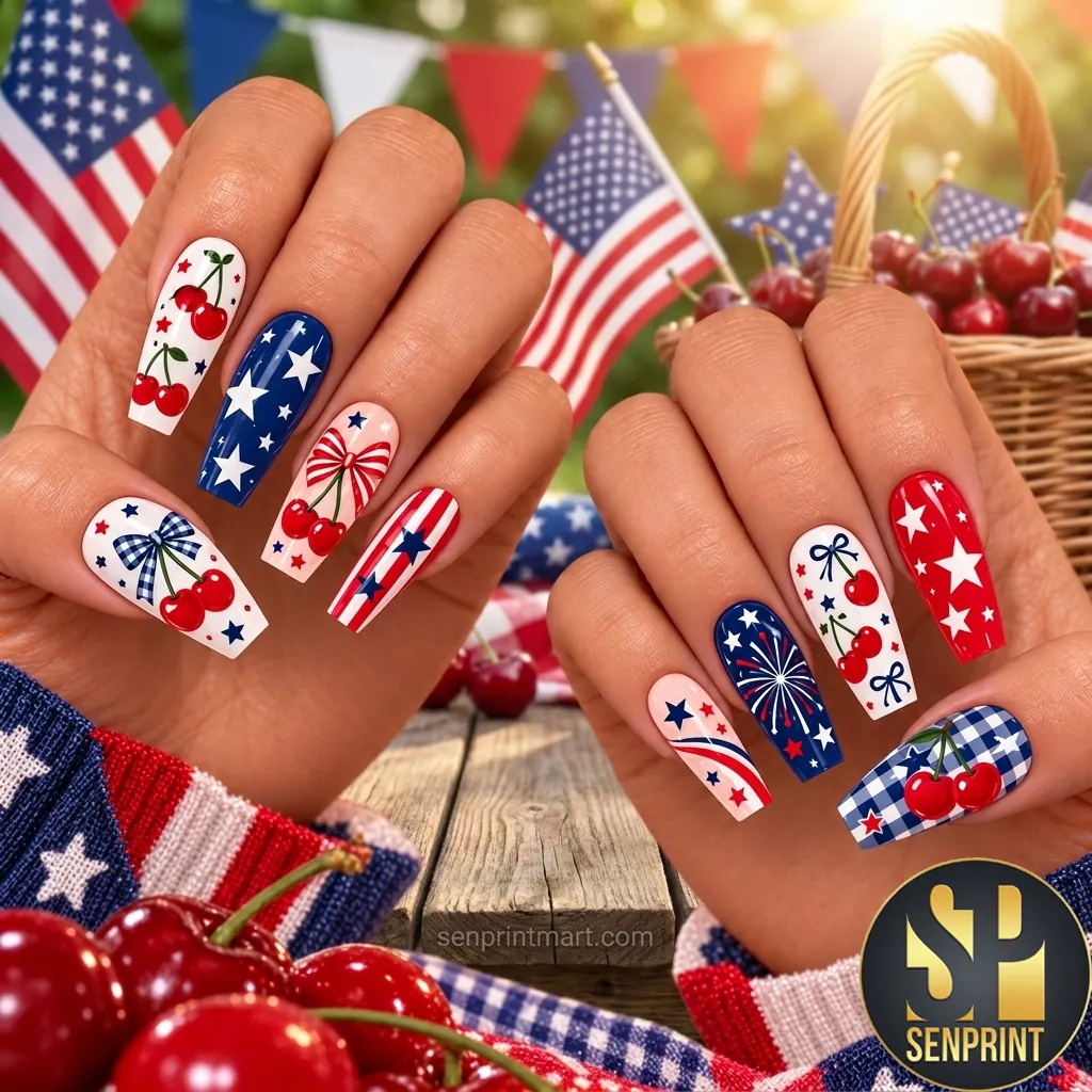 Patriotic American Flag Cherry Print Press On Nails