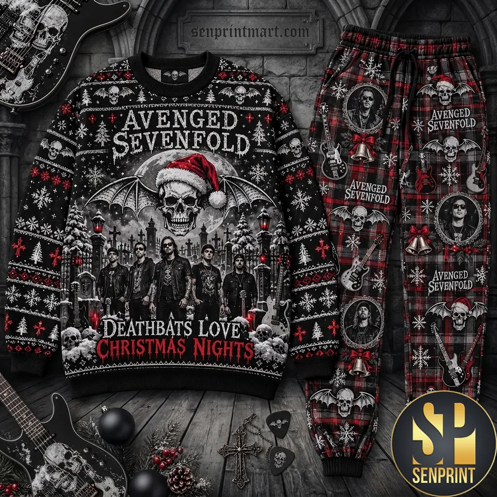 Avenged Sevenfold Deathbats Love Christmas Nights Festive Plaid Pajama Set