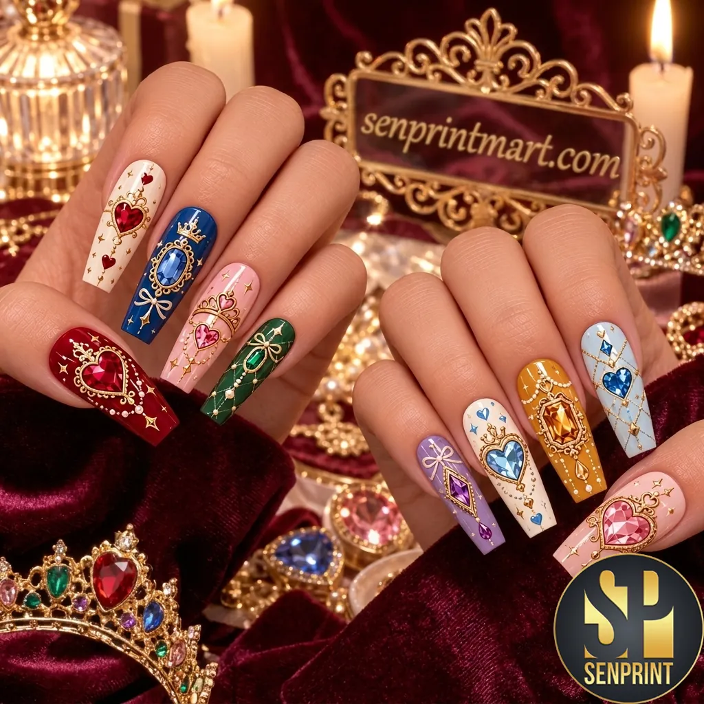 Luxury Royal Heart Gemstone 3D Press On Nails