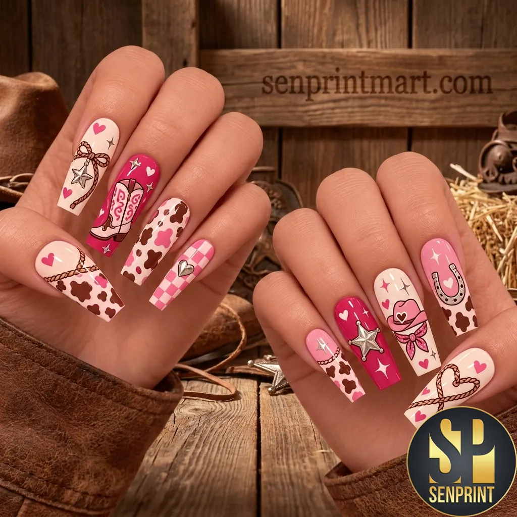 Pink Cowgirl Western Theme Long Coffin Press On Nails