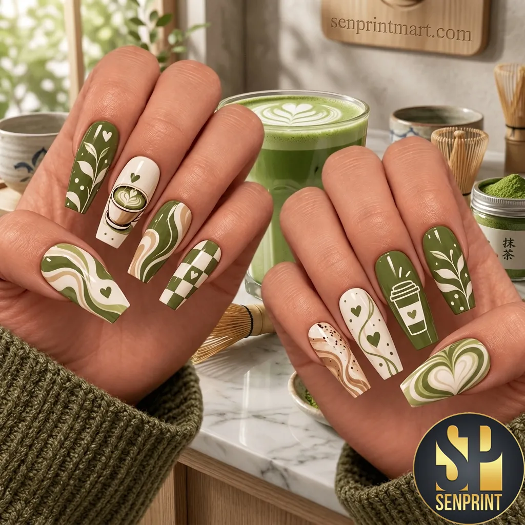 Matcha Latte Aesthetic Swirl Heart Art Long Coffin Press On Nails