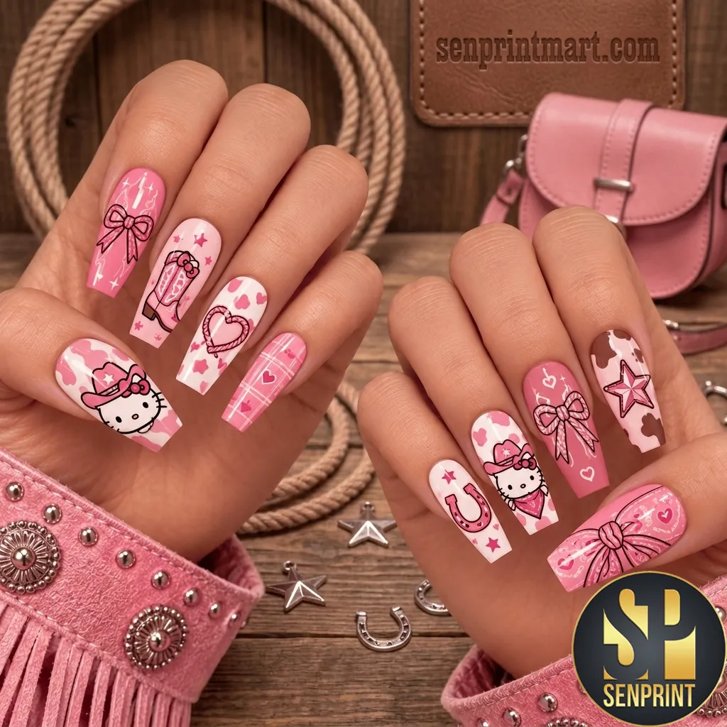 Pink Cowgirl Kitty Cute Western Cow Print Long Coffin Press On Nails