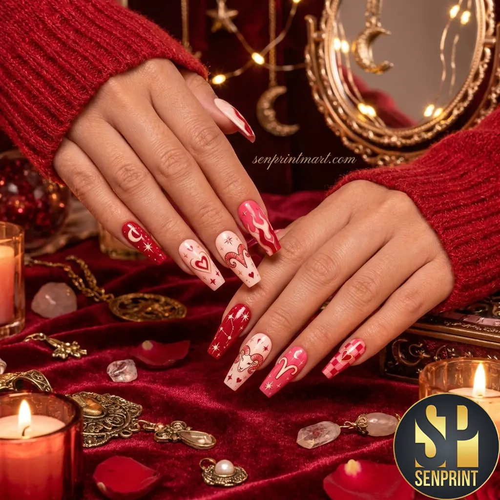 Aries Zodiac Celestial Red and Pink Heart Flame Art Press On Nails