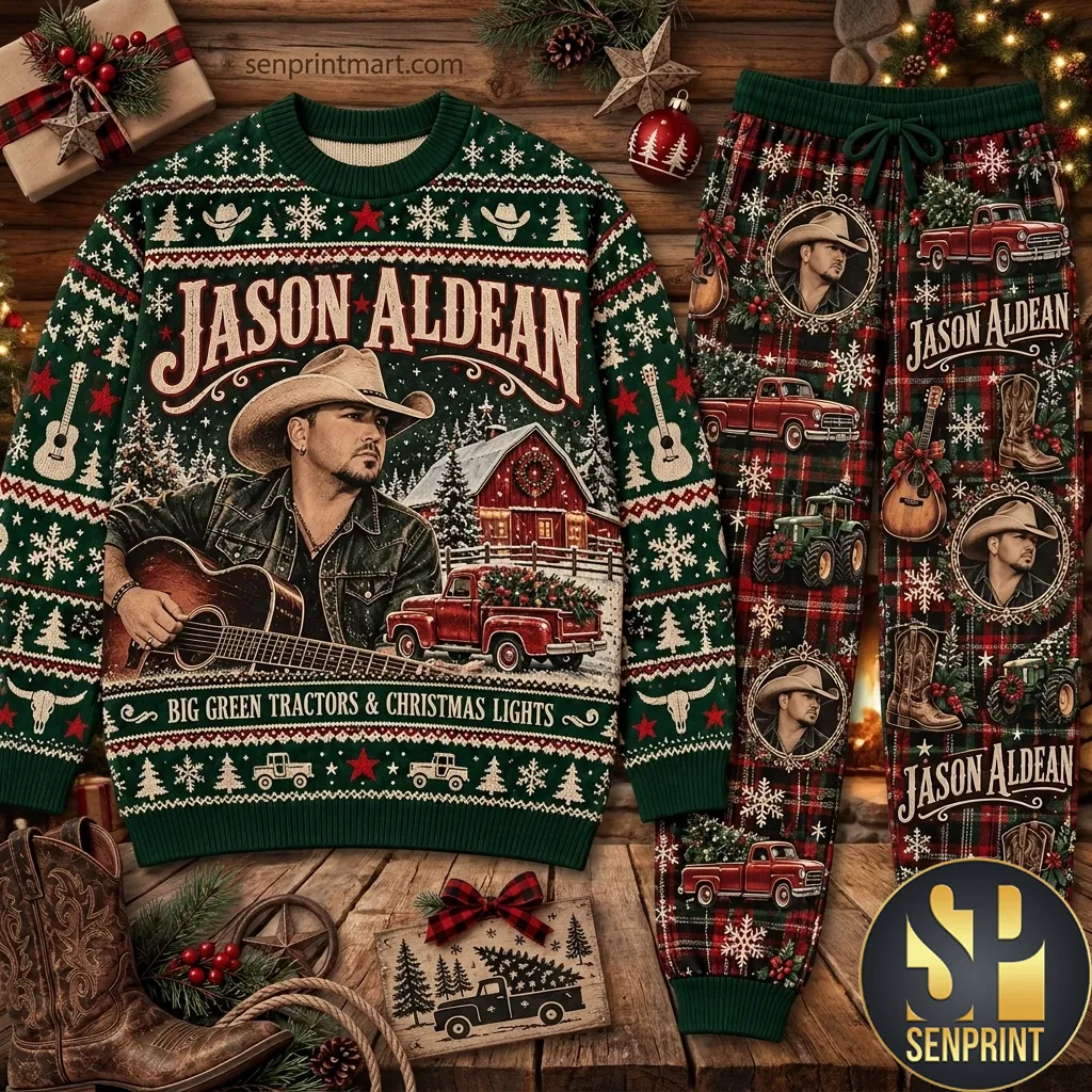 Jason Aldean Big Green Tractors Christmas Holiday Pajama Set