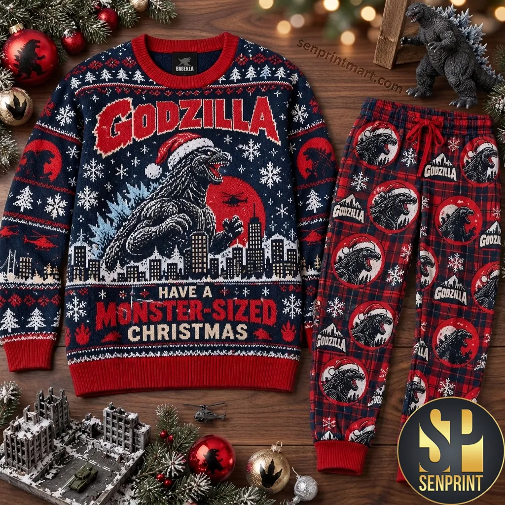 Godzilla Monster Sized Christmas Holiday Pajama Set