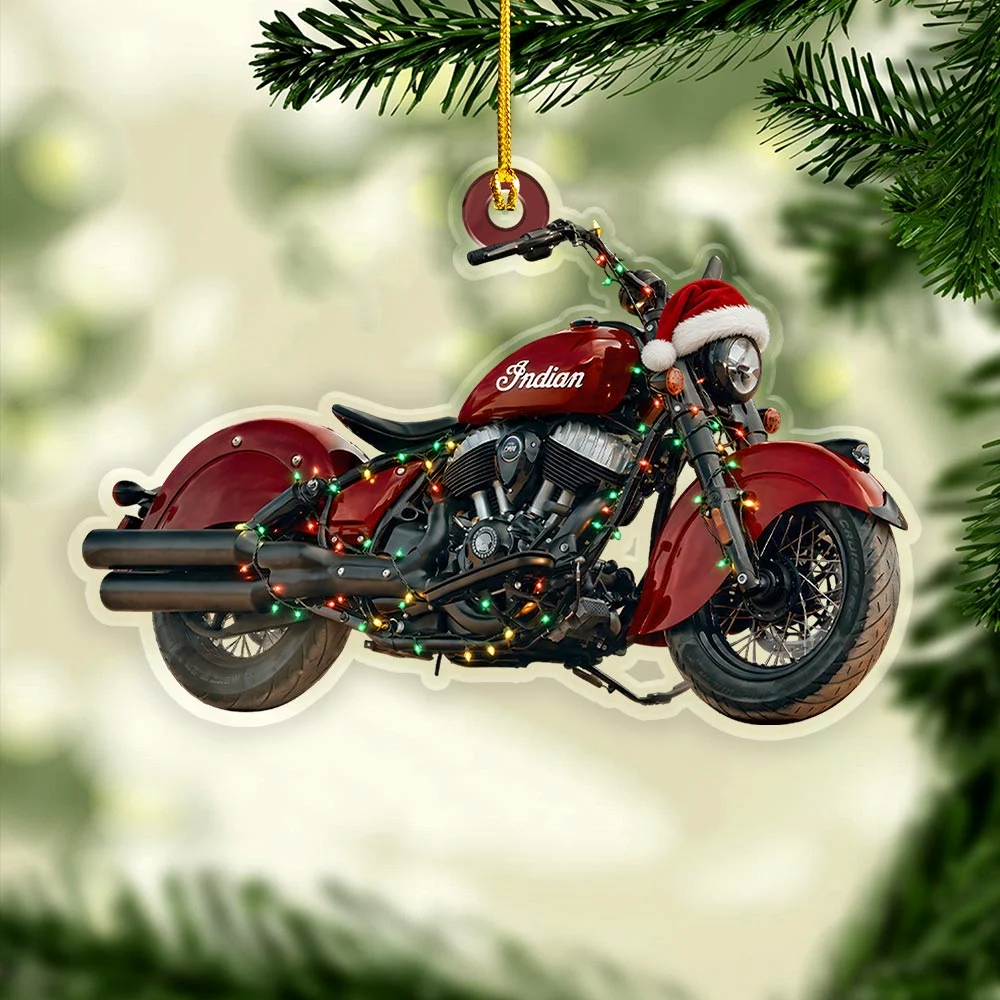Indian Motorcycle 125th Anniversary Festive Santa Hat Christmas Lights 2 Sided Acrylic Ornament