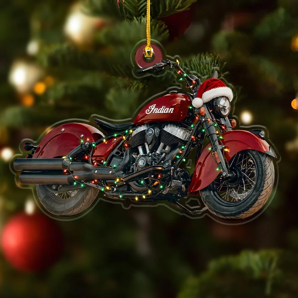Indian Motorcycle 125th Anniversary Festive Santa Hat Christmas Lights 2 Sided Acrylic Ornament