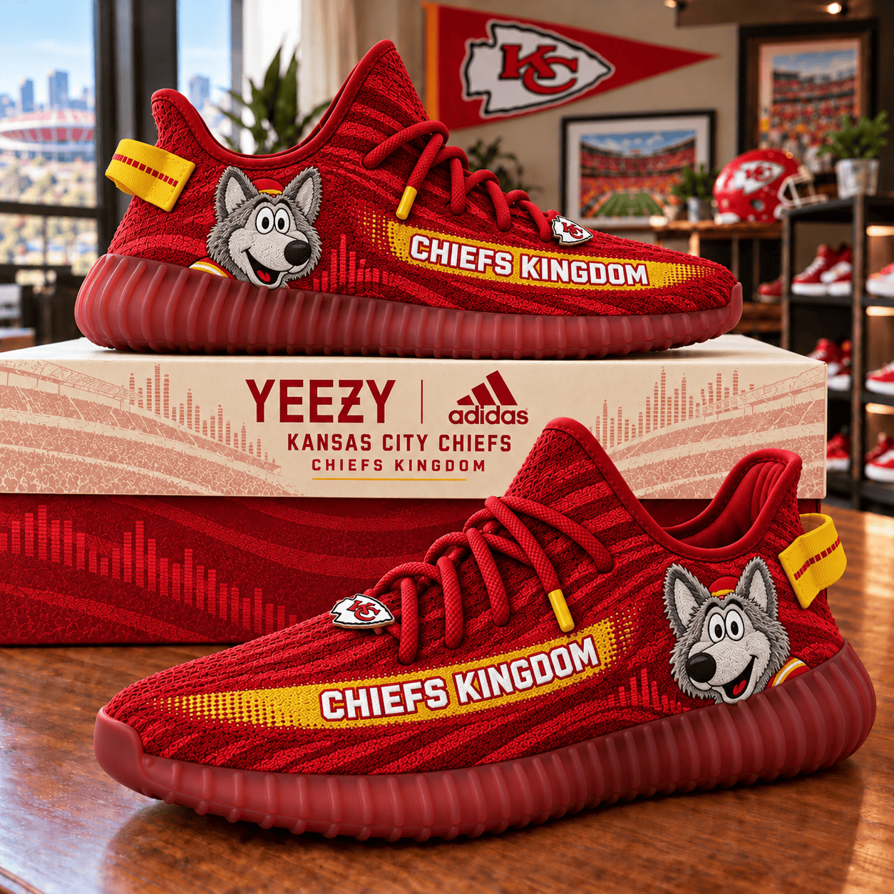 Kansas City Chiefs Kingdom KC Wolf Mascot Premium Red Athletic Low-Top Sneakers