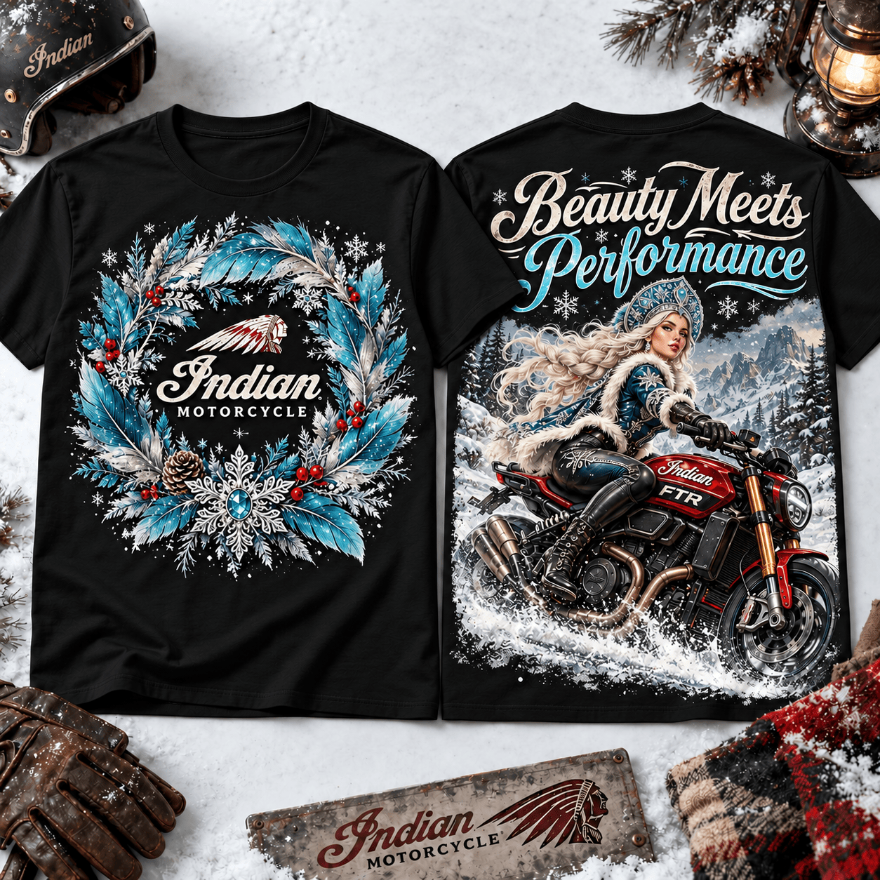 Indian Motorcycle Snow Queen Winter Biker Graphic T-Shirt