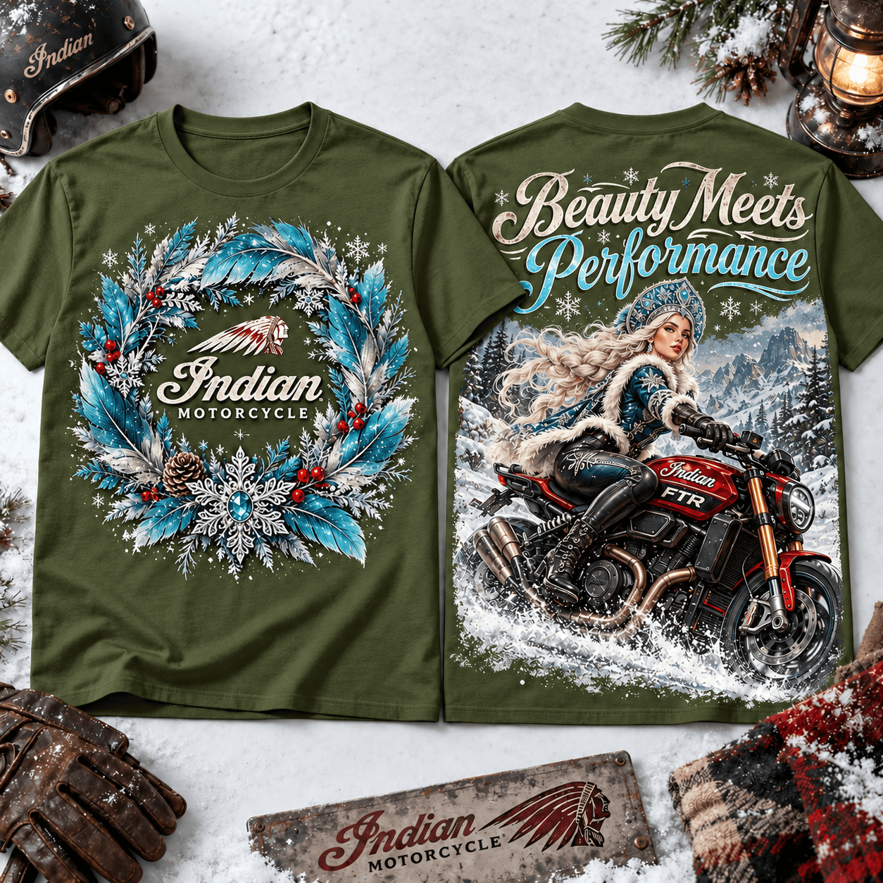Indian Motorcycle Snow Queen Winter Biker Graphic T-Shirt Indian Motorcycle Snow Queen Winter Biker Graphic T-Shirt