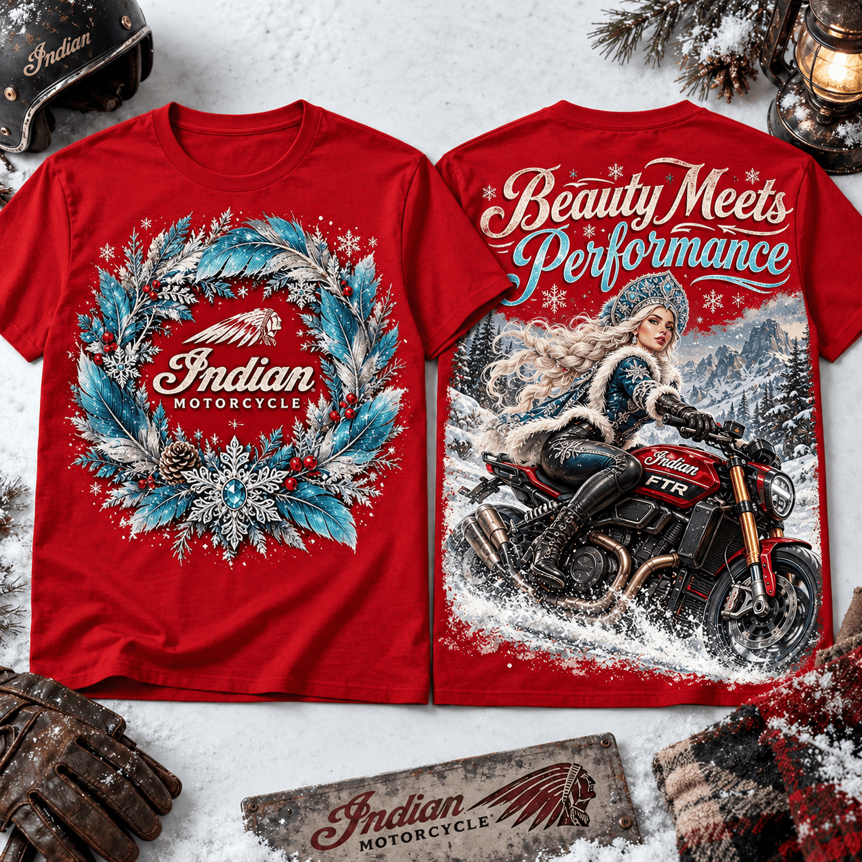 Indian Motorcycle Snow Queen Winter Biker Graphic T-Shirt Indian Motorcycle Snow Queen Winter Biker Graphic T-Shirt