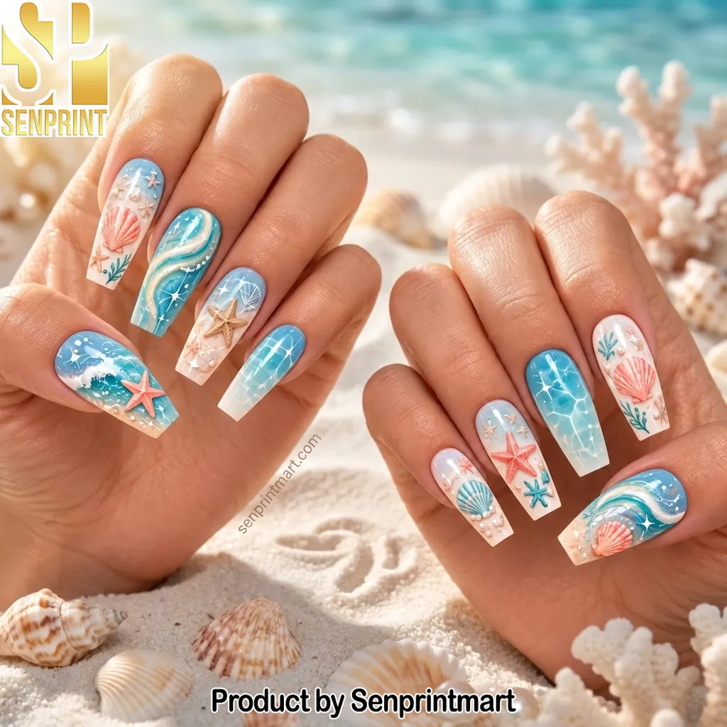 3D Beach Theme Ocean Wave Press On Nails