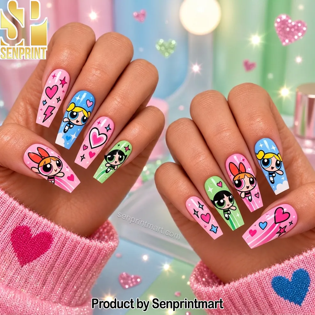 Powerpuff Girls Cartoon Character Theme Long Coffin Press On Nails