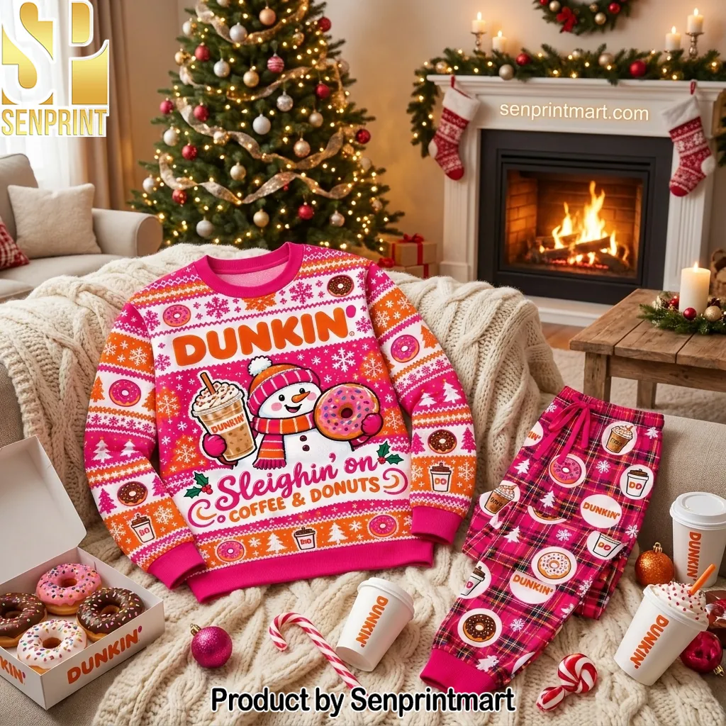 Dunkin Donuts Sleighin On Coffee And Donuts Christmas Pajama Set