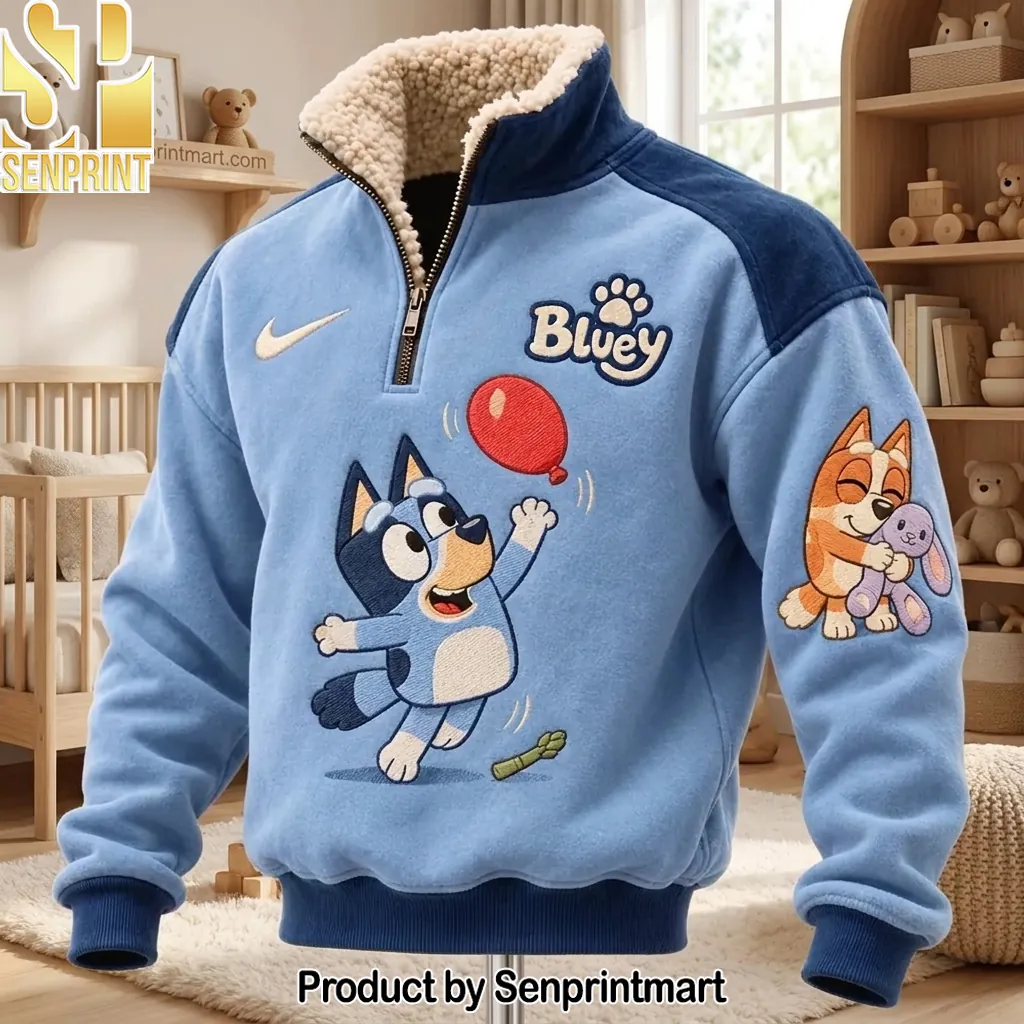 Bluey Character Embroidered Sherpa Lined Quarter Zip Hoodie