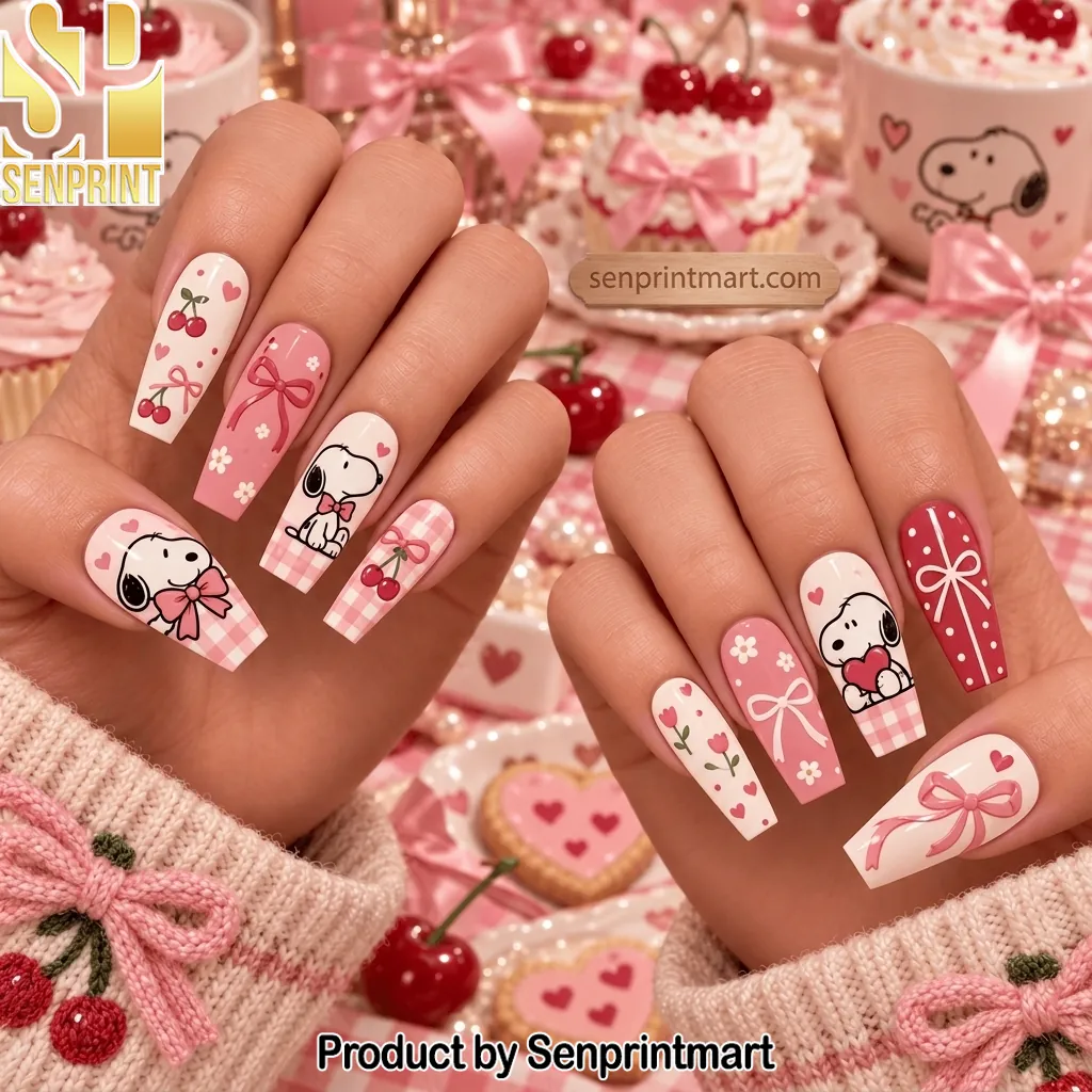 Snoopy Cherry Pink Bow Aesthetic Press On Nails