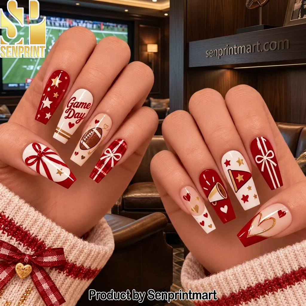 Game Day Football Theme Red and White Press On Nails