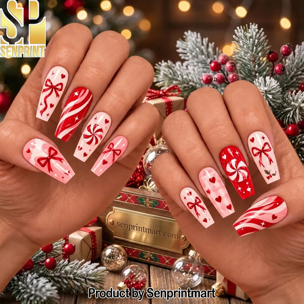 Christmas Candy Cane Red and White Festive Press On Nails