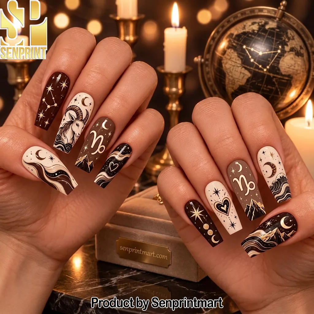 Capricorn Zodiac Celestial Brown And Cream Press On Nails